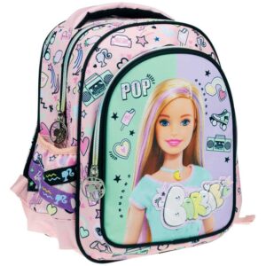 Sac à dos Barbie rose pour enfant avec un imprimé coloré représentant Barbie, des patins à roulettes et des motifs rétro.