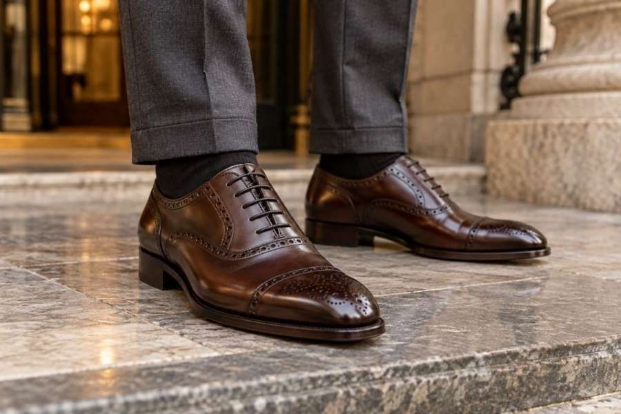 Chaussures de ville en cuir marron avec un élégant bout fleuri.